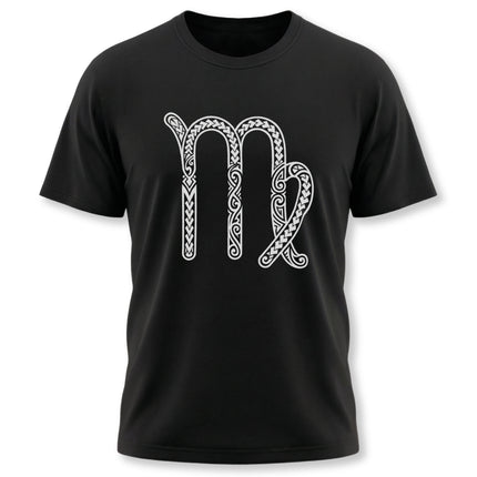 Black t-shirt featuring a white tribal pattern of the Virgo zodiac sign (♍) for astrology lovers.