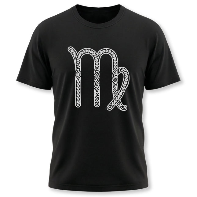 Black t-shirt featuring a white tribal pattern of the Virgo zodiac sign (♍) for astrology lovers.