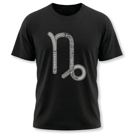 Detailed Capricorn zodiac symbol graphic on a black t-shirt.
