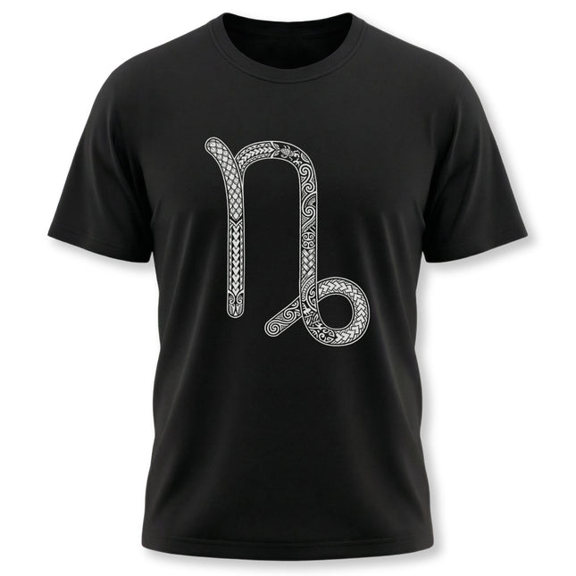 Detailed Capricorn zodiac symbol graphic on a black t-shirt.
