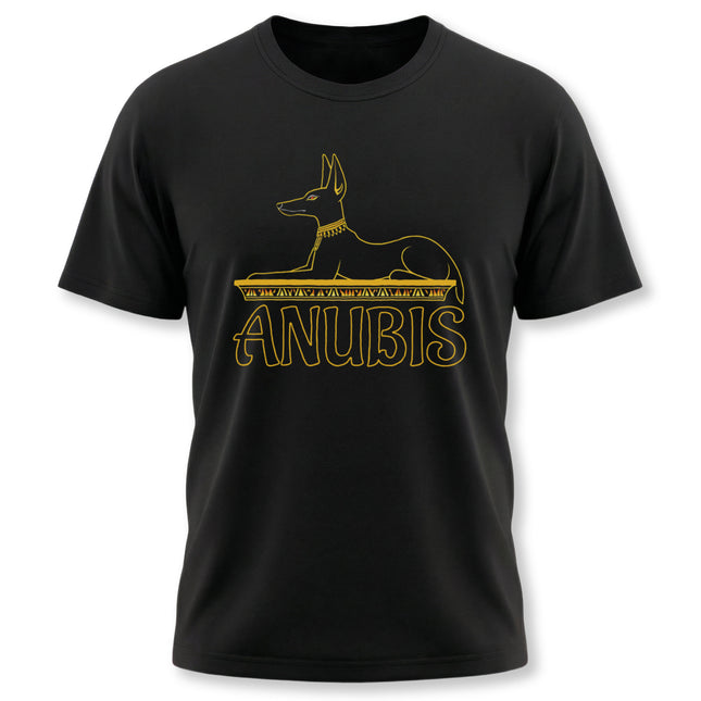 Anubis Egyptian god graphic tee shirt featuring ancient mythology art.