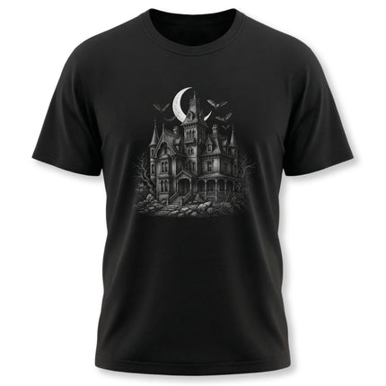 Haunted House Bats Moon T-Shirt | Spooky Gothic Mansion Halloween Tee