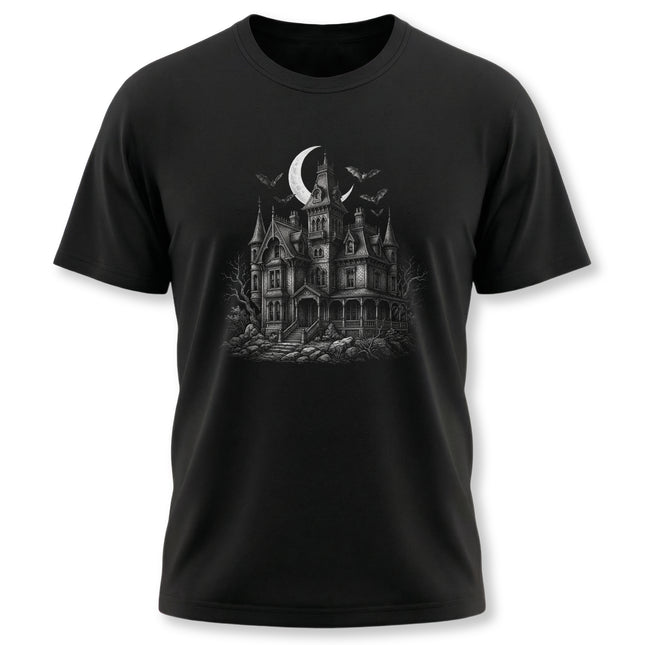 Haunted House Bats Moon T-Shirt | Spooky Gothic Mansion Halloween Tee