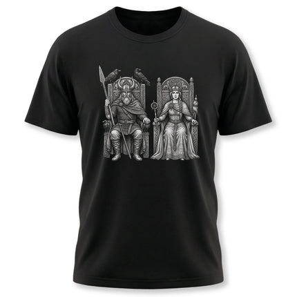 Odin and Frigg Norse gods graphic tee featuring Viking mythology art.