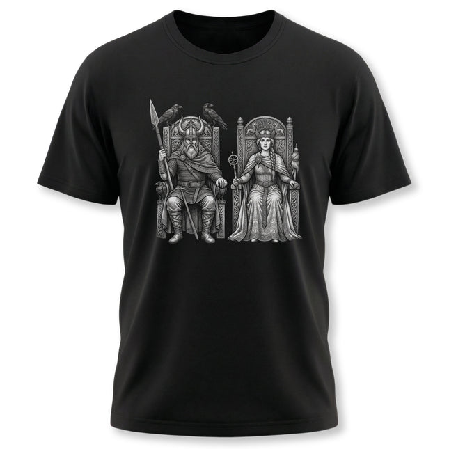 Odin and Frigg Norse gods graphic tee featuring Viking mythology art.