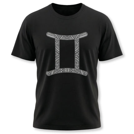 Tribal Gemini zodiac symbol tee on a black background.