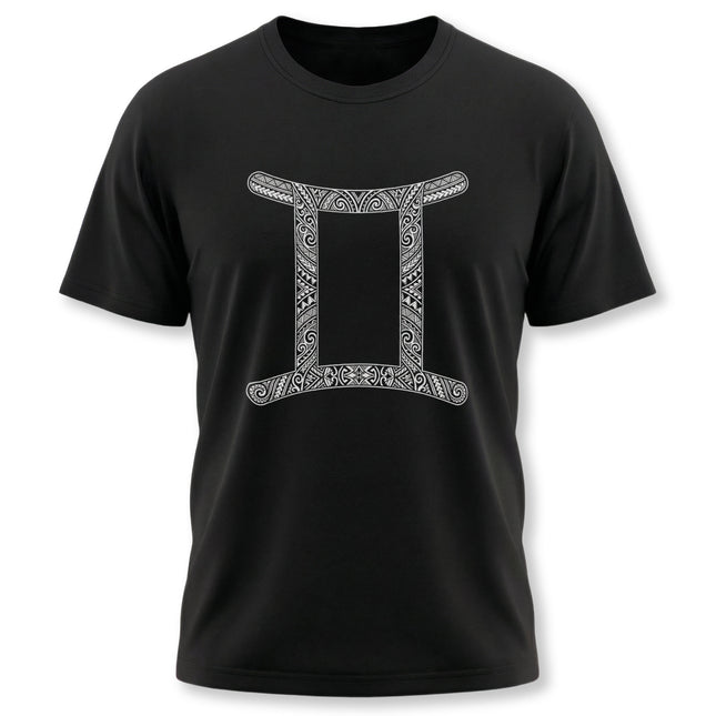 Tribal Gemini zodiac symbol tee on a black background.