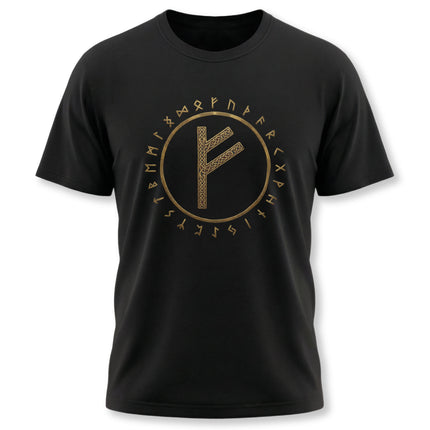 Black t-shirt featuring the Fehu rune and the full Elder Futhark circle design in gold.