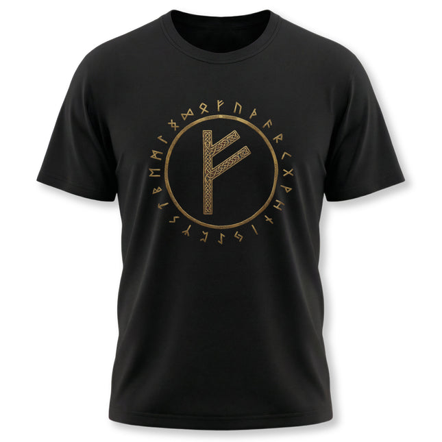 Black t-shirt featuring the Fehu rune and the full Elder Futhark circle design in gold.