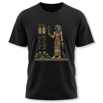 Egyptian goddess Bastet graphic featuring hieroglyphs and ancient Egyptian motifs.
