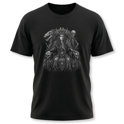 Norse Goddess Hel skull art t-shirt. Gothic Viking mythology design featuring dark fantasy elements.