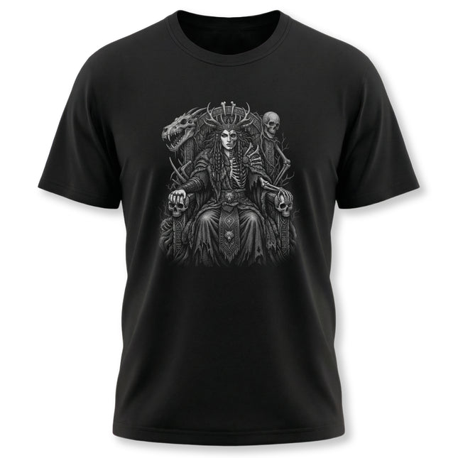 Norse Goddess Hel skull art t-shirt. Gothic Viking mythology design featuring dark fantasy elements.