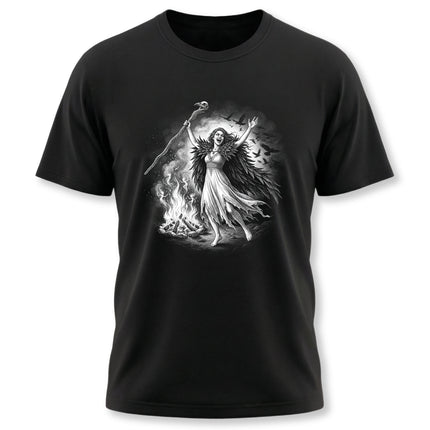 Morrigan witch goddess t-shirt featuring ravens, bonfire, and celtic ritual art.