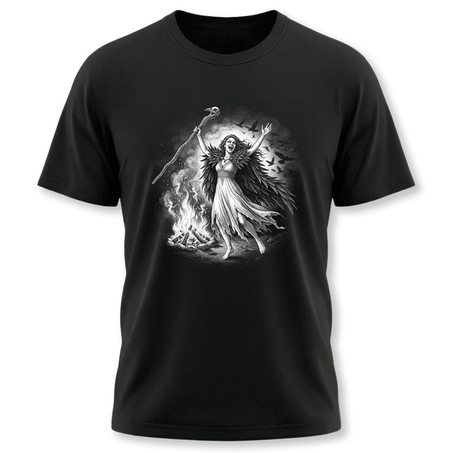 Morrigan witch goddess t-shirt featuring ravens, bonfire, and celtic ritual art.