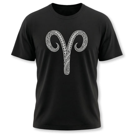 Tribal Aries zodiac symbol tee on a black t-shirt.