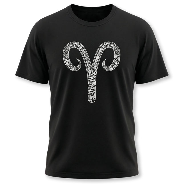 Tribal Aries zodiac symbol tee on a black t-shirt.