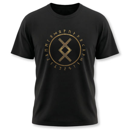 Black tee with gold Norse runes and the Inguz symbol in a circular Futhark design.