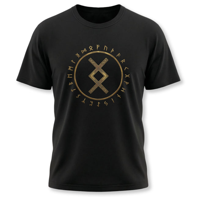 Black tee with gold Norse runes and the Inguz symbol in a circular Futhark design.