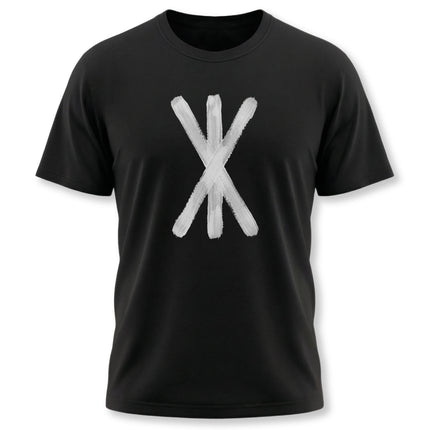 Black tee featuring a white brushstroke Norse Strength Rune symbol.