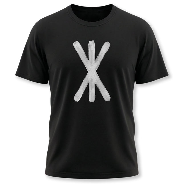 Black tee featuring a white brushstroke Norse Strength Rune symbol.