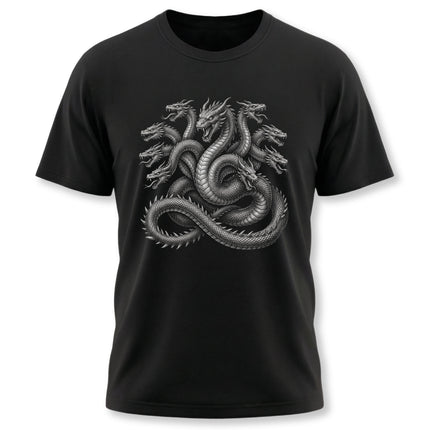 Multi-headed Hydra dragon graphic on a black mythology t-shirt.