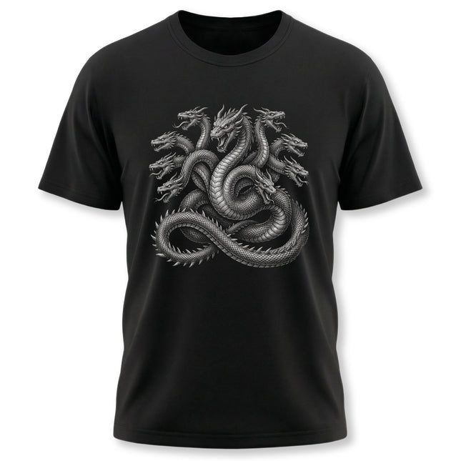 Multi-headed Hydra dragon graphic on a black mythology t-shirt.