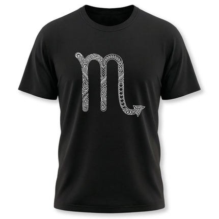 Scorpio zodiac sign t-shirt featuring Polynesian tribal art design.