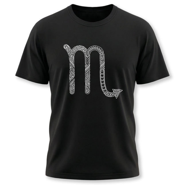 Scorpio zodiac sign t-shirt featuring Polynesian tribal art design.