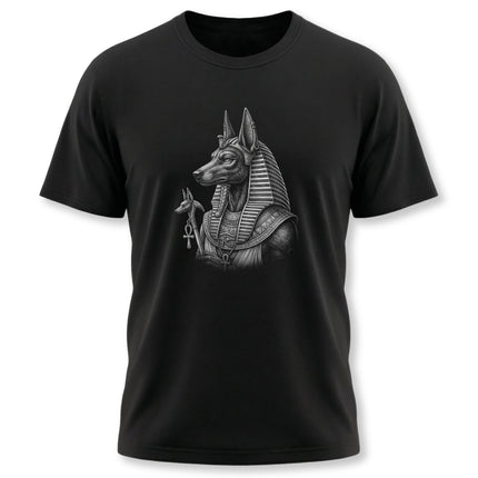 Detailed monochrome drawing of Anubis, the jackal god of Ancient Egyptian mythology.