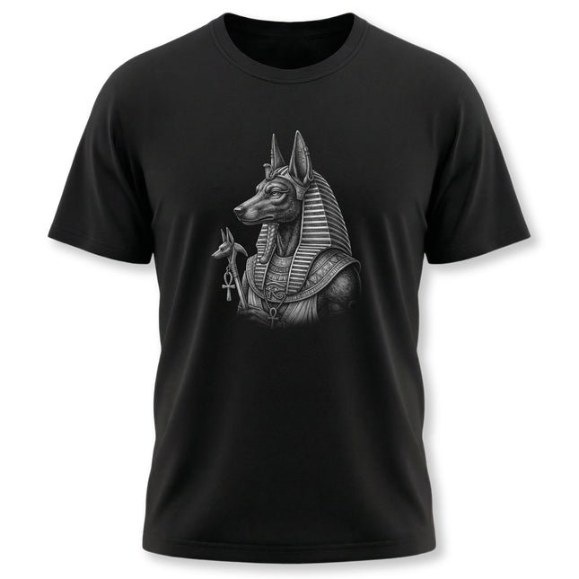 Detailed monochrome drawing of Anubis, the jackal god of Ancient Egyptian mythology.