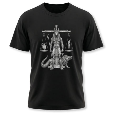 Anubis god with scales of justice Egyptian mythology t-shirt graphic.