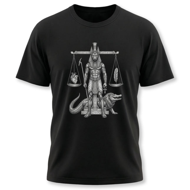 Anubis god with scales of justice Egyptian mythology t-shirt graphic.