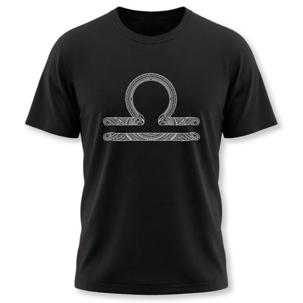 Tribal Libra zodiac symbol t-shirt featuring an intricate astrology horoscope design on black apparel.