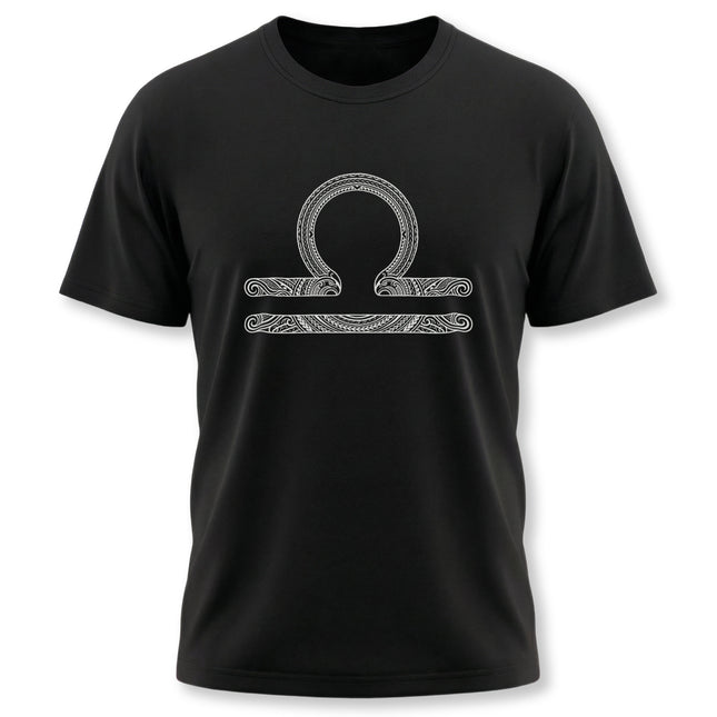 Tribal Libra zodiac symbol t-shirt featuring an intricate astrology horoscope design on black apparel.