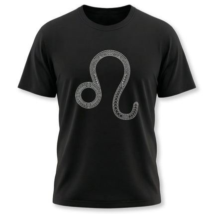 Intricate tattoo-style Leo zodiac symbol on a black graphic t-shirt.