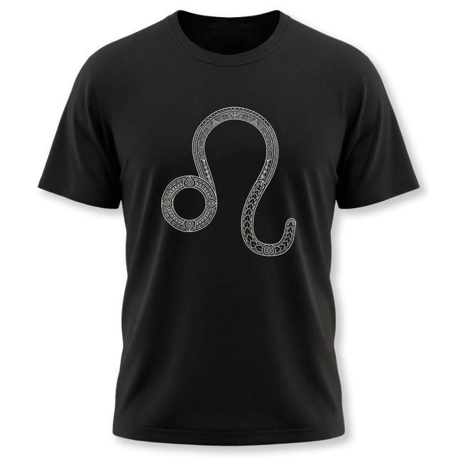 Intricate tattoo-style Leo zodiac symbol on a black graphic t-shirt.