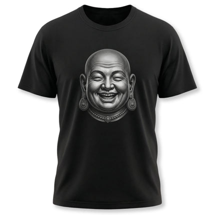 Laughing Buddha illustration graphic on a black unisex t-shirt. Zen style spiritual wear.