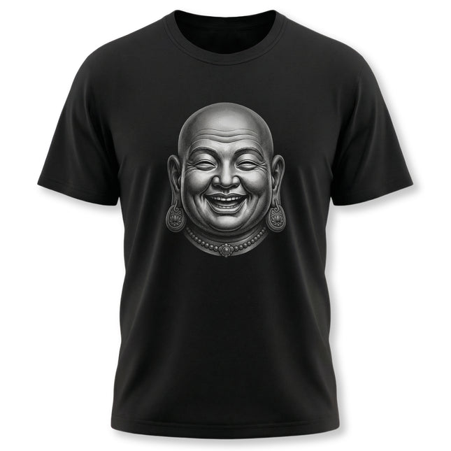 Laughing Buddha illustration graphic on a black unisex t-shirt. Zen style spiritual wear.