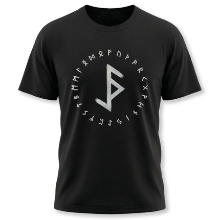 Black t-shirt featuring a white Norse rune design, including the protective Bind Rune and Viking symbols.