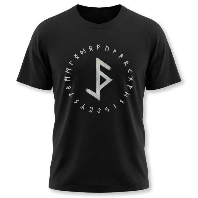 Black t-shirt featuring a white Norse rune design, including the protective Bind Rune and Viking symbols.