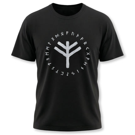 Black t-shirt featuring a central rune and the surrounding Elder Futhark runic alphabet design.