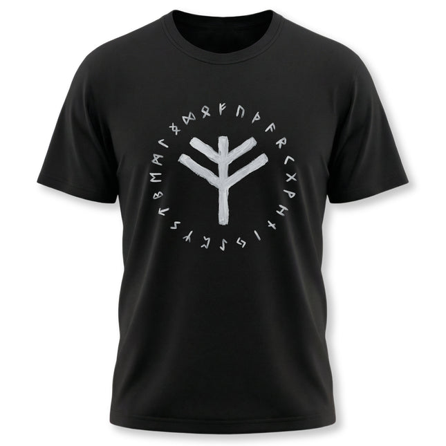 Black t-shirt featuring a central rune and the surrounding Elder Futhark runic alphabet design.