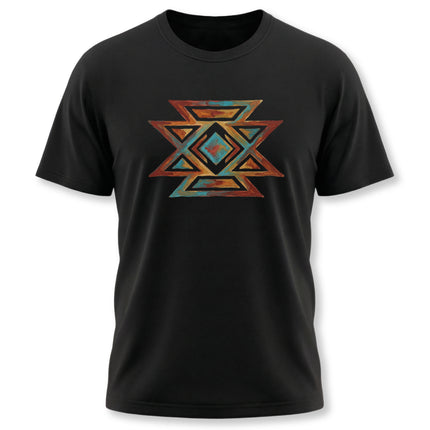 Geometric butterfly tribal art design on a black t-shirt.