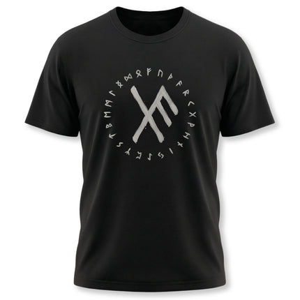 Black graphic tee featuring a circular Norse rune pattern and central protective rune design.