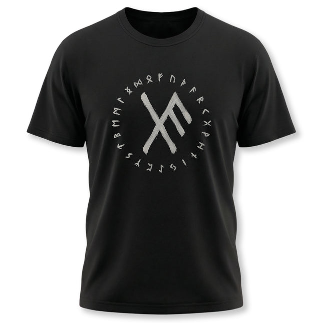 Black graphic tee featuring a circular Norse rune pattern and central protective rune design.