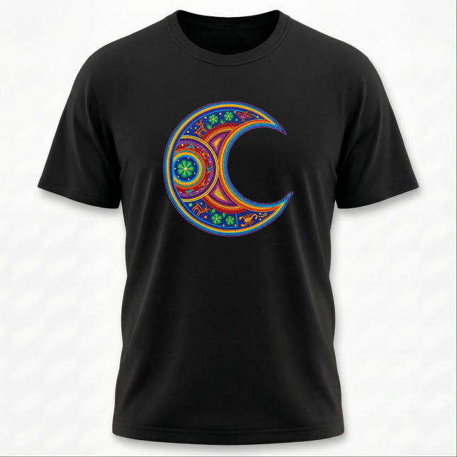 Vibrant Huichol Moon T-Shirt | Indigenous Mexican Art Design | Moon