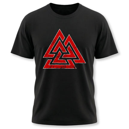 Red Valknut Viking symbol graphic tee shirt featuring Norse mythology design.