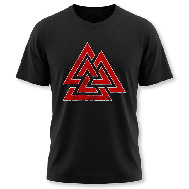 Red Valknut Viking symbol graphic tee shirt featuring Norse mythology design.