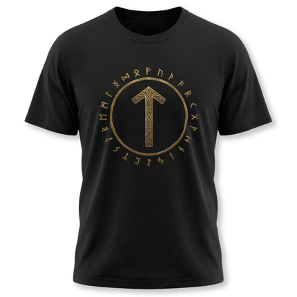 Tiwaz rune and Elder Futhark circle Norse mythology t-shirt design.