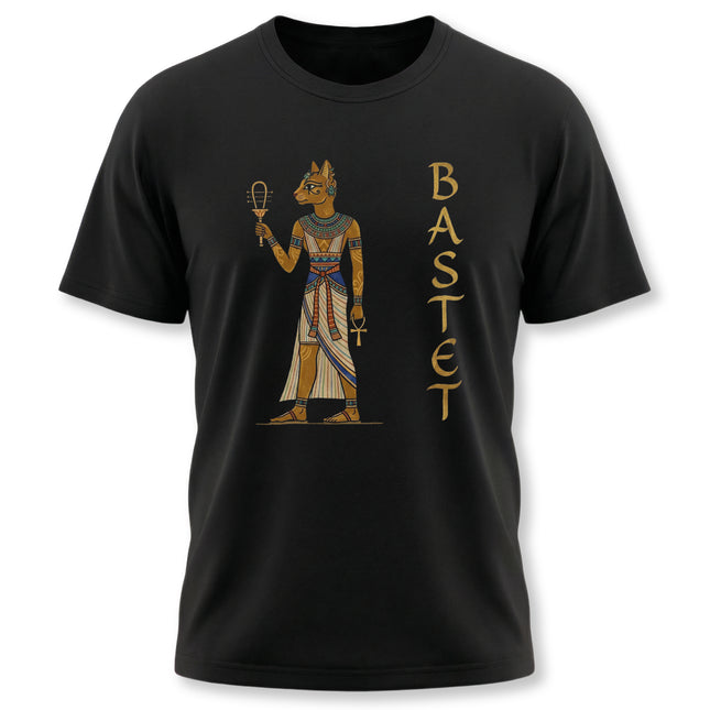 Bastet Egyptian goddess art featuring ankh and sistrum on a black t-shirt.